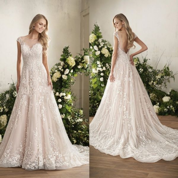 

жасмин 2018 спинки свадебные платья jewel шеи кружева аппликация свадебные платья cap рукава линия свадебное платье, White