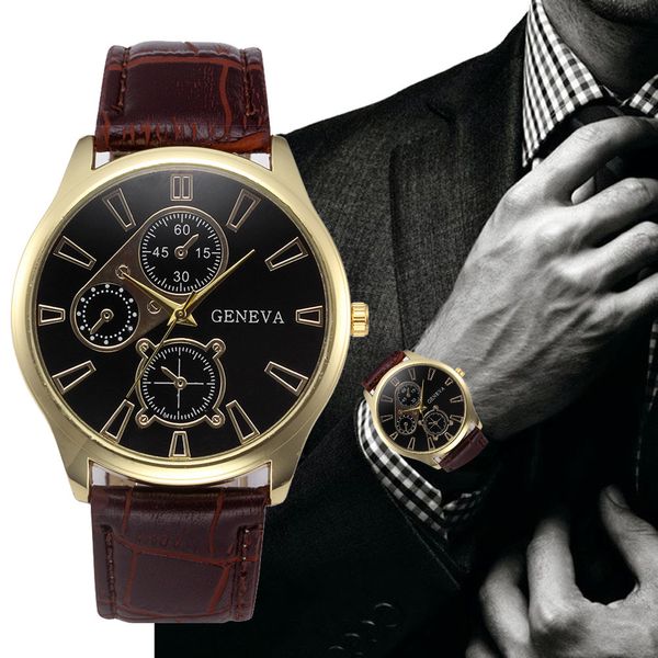 

watch men retro design pu leather band three eyes analog alloy quartz wrist watch relogio masculino montre homme, Slivery;brown