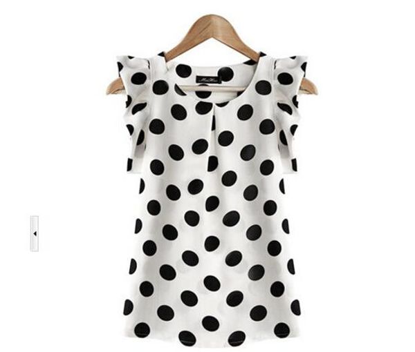 

new arrival women's clothing fashion style women's round collar flying sleeveless polka dots chiffon blouse shirt, White