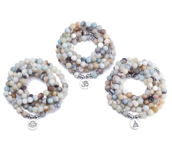 

jln yoga 108 malas buddhism bracelet fashion life tree lotus om buddha charm amazonite beads yoga meditation multi layer bracelet, Black