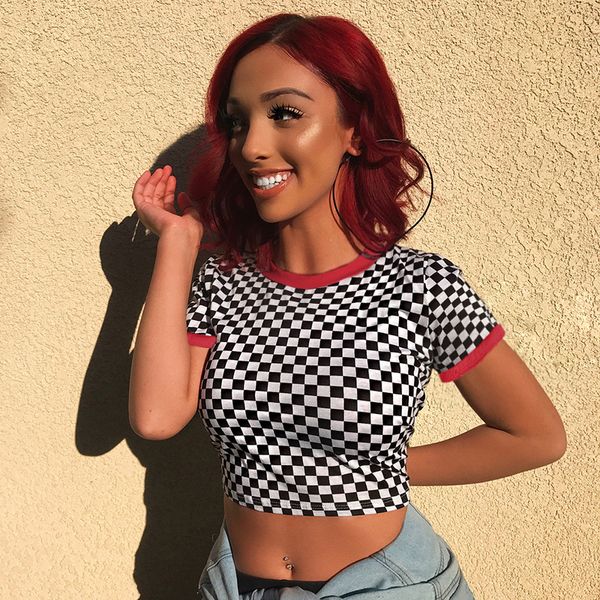 

focal20 streetwear women fashion checkerboard t shirt summer short sleeve slim t shirts cropped tee top, White