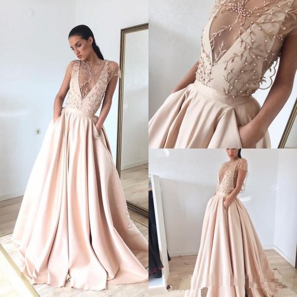 

modest blush pink pearls deep v neck prom dresses 2018 embroidery a line formal evening gowns with pockets plus size party dress, Black;red