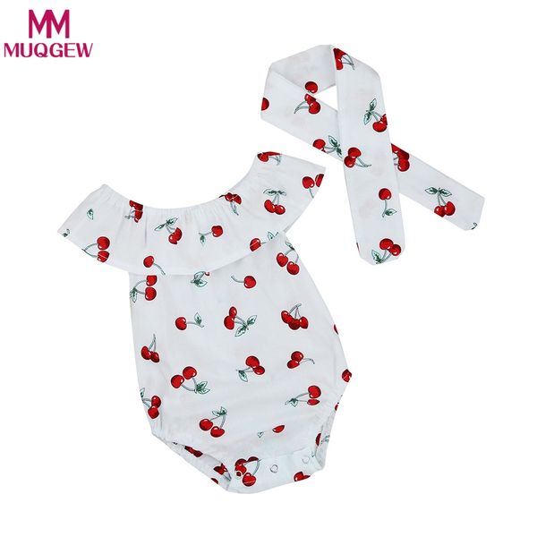 

2pcs/set baby kids girl's sleeveless rompers cherry print newborn playsuit jumpsuit cotton sunsuit rompers one-pieces +headband, Blue