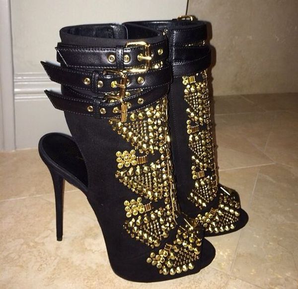 

2018 catwalk thread empty luxury bright diamond full diamond open-toed stiletto heeled empty show 12cm sandals high women's shoes, Black