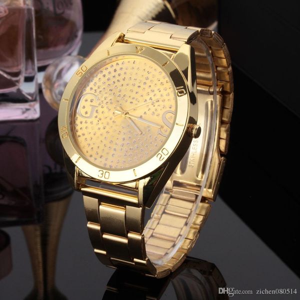 

Fashion Brand women's Men's Unisex Gold crystal style dial steel metal band quartz wrist watch GS01