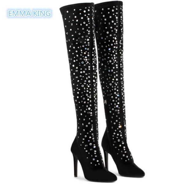 

bottines femme 2018 nouveau stilettos thigh high boots for women crystal pointed toe thin heels botas mujer party shoes, Black