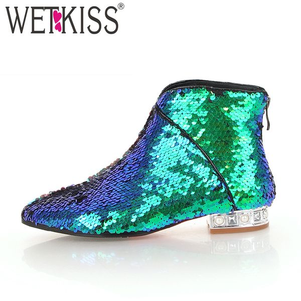 

WETKISS зима лодыжки женщины загрузки Bling острым носом короткие плюшевые Кристалл об