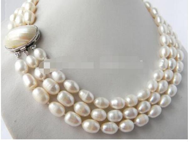 

Бесплатная доставка 3пряди 18" 9,5 мм белый рис пресной воды жемчужное ожерелье