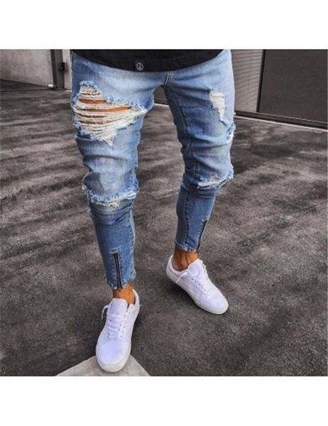 

men denim jean pants hole hip hop street wear straight blue rock stretch destroyed skinny men jeans s-3xl