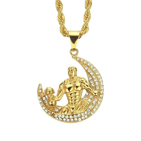 

new trendy men hip hop jewelry gym fitness dumbbell barbell moon pendant necklace with long chain, Silver