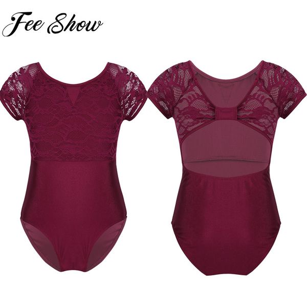 

kids bellet costumes for girls ballet gymnastics leotards bodysuit short sleeves floral lace bowtie dancewear jumpsuit, Black;red