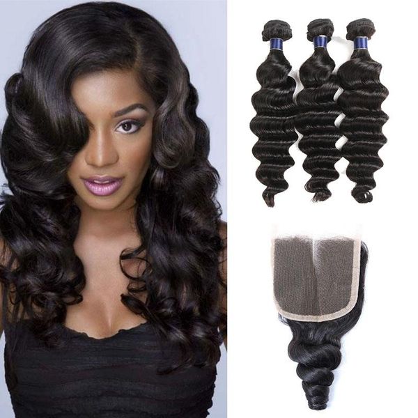 Brazilian Human Hair Weaves Loose Wave 3 Bundles With 4x4 Lace