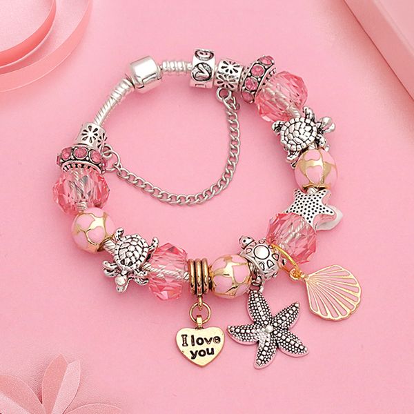 

ocean sier pan charm bracelet bangle for women romantic pink shell crystal bracelet heart turtle beads bracelets gift, Golden;silver
