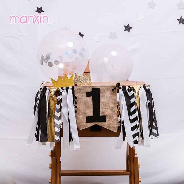 2019 Black Gold One Banner First 1st Birthday Boy Girl Decorations