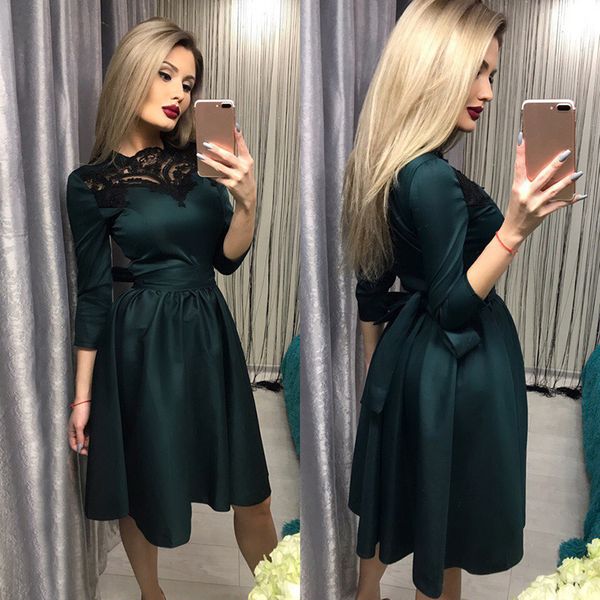 

2018 new design autumn female club dresses three quarter sleeve round neck lace dress green wine red color dress, White;black