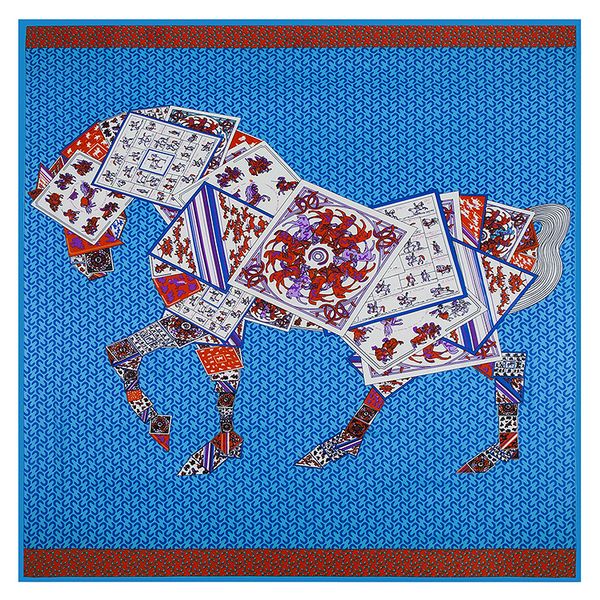 

large femme womens print shawls square silk scarf foulard echarpe women en shawl blue horse twill soie ifvmi, White;black