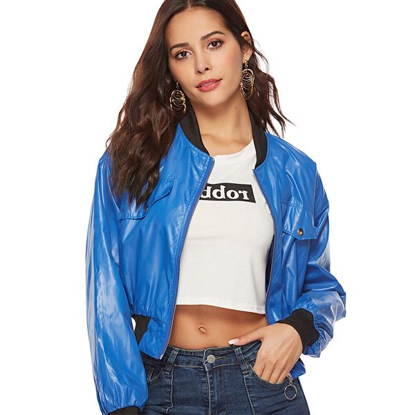 

women blue zippers short length stand neck fashion jackets femme long sleeve casual contrast color jacket 2018 autumn sport top, Black;brown