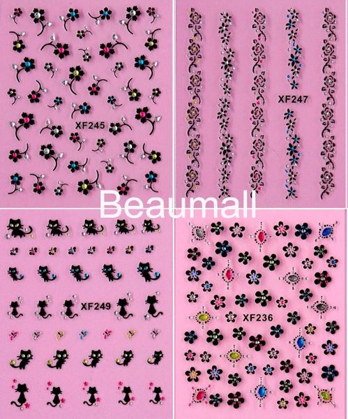 

elegant black 3d designs with colorful diamonds nail decals back glue nail stickers for tips beauty diy#xf235~xf264