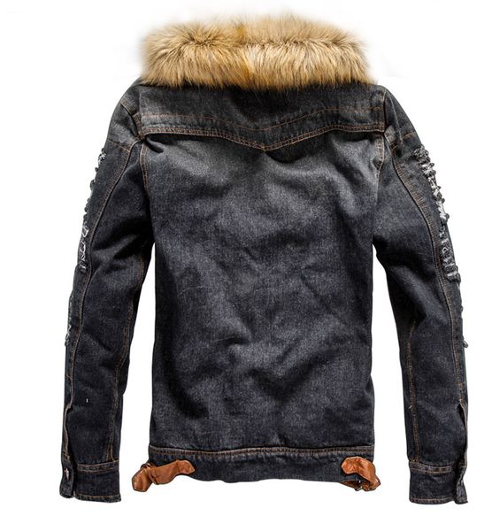 

акриловая однобортная мужская джинсовая куртка с меховым воротником ретро флисовая джинсовая куртка и пальто на осень зиму, Black;brown