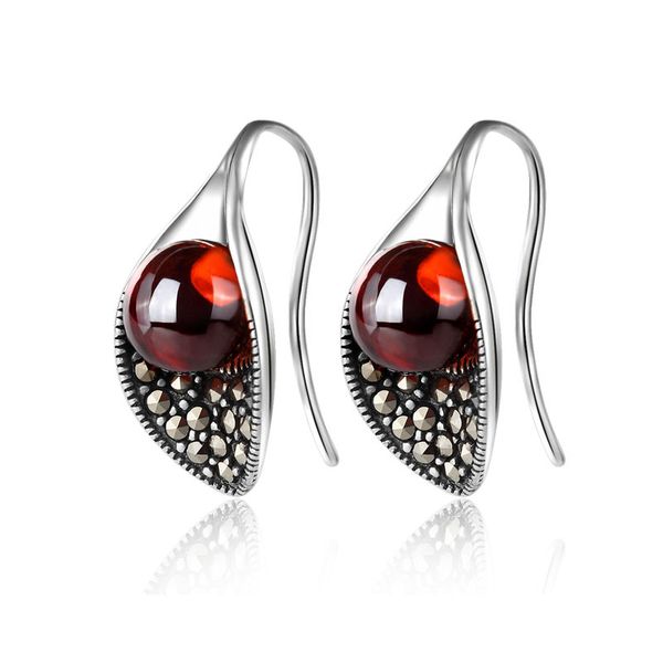 

louleur 925 sterling silver natural stone earrings natural garnet red agate red corundum calla lily drop earrings for women, Golden;silver