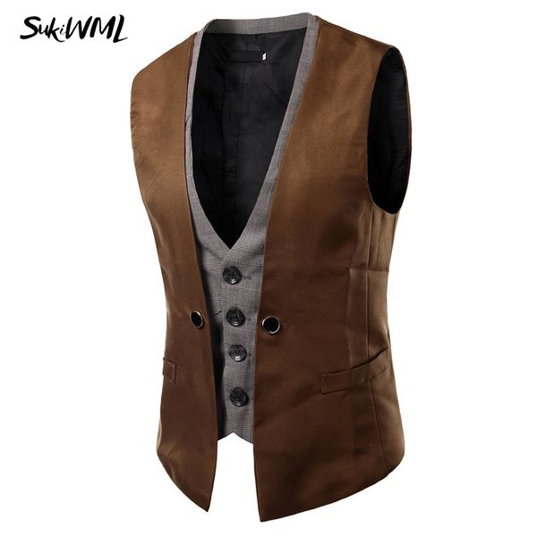 

sukiwml 2017 new men cest wedding slim fit faker two pieces colete social masculino mens double vest party gilet costume homme, Black;white