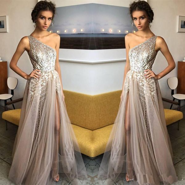 

2018 Fashion Formal Long Evening Celebrity Gowns Sequined One Shoulder Side Split Tulle Prom Party Dresses vestidos de fiesta