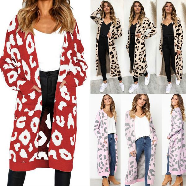 Autumn Winter Women's Casual Long Cardigan Print Crochet Knitted Blouse Long sleeve Coat Sweaters Cardigans Tops Loose Knit Long Clothing