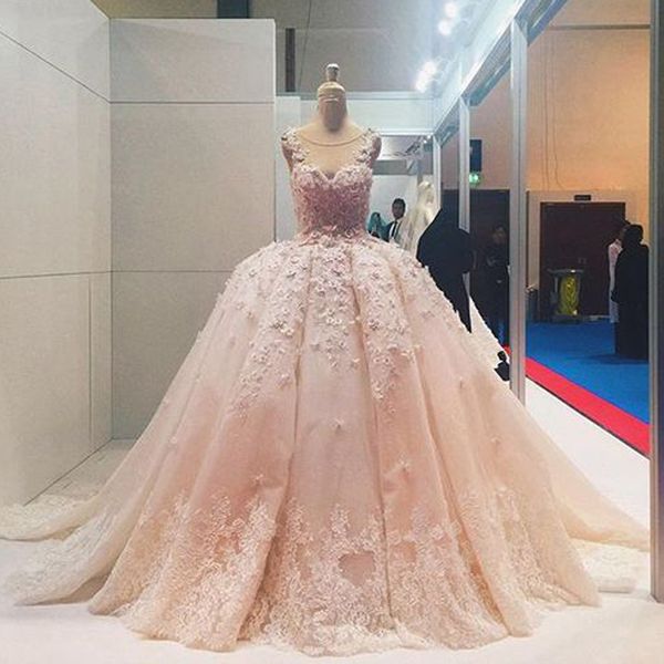 

2019 luxury blush ball gown wedding dresses sheer neck sleeveless lace appliques 3d flowers custom colors puffy bridal gowns with train, White