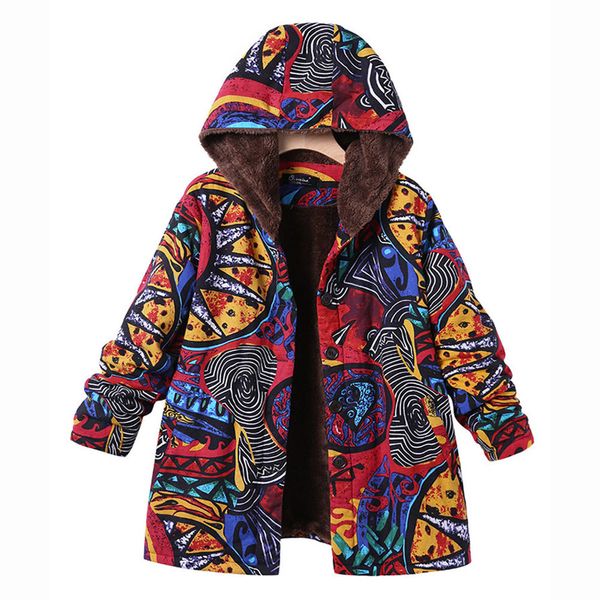 

2018 new parkas female womens winter warm outwear floral print hooded pockets vintage oversize coats parkas for women winter, Black