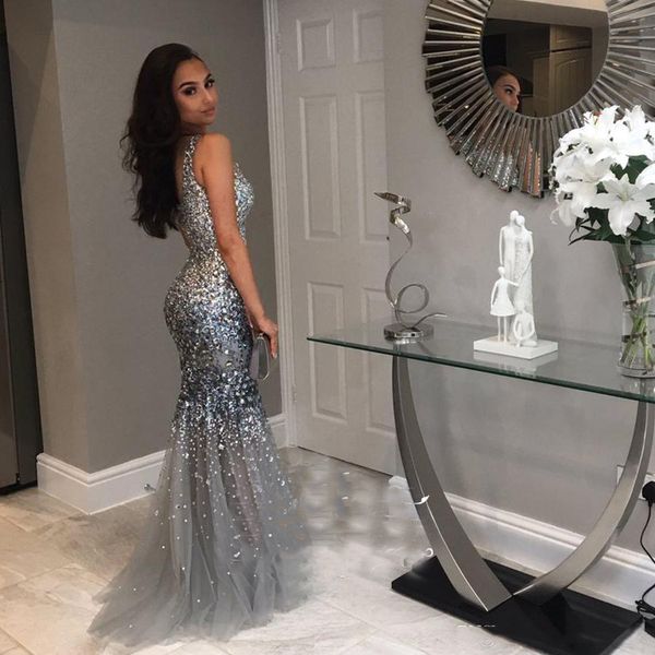 

glittering mermaid prom dresses sheer neck sleeveless crystal beaded tulle mermaid evening dresses formal gowns, Black