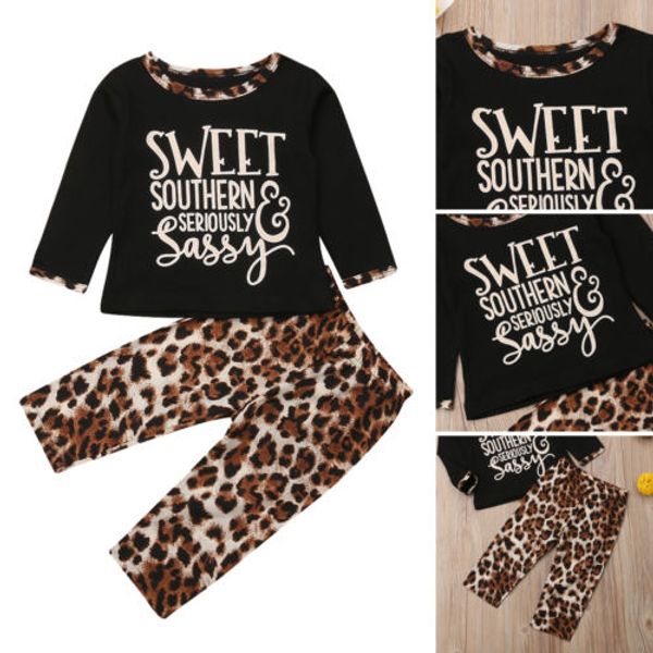 

2019 new leopard 2pcs set toddler baby girls t-shirt+leopard legging pant trousers spring autumn chidlren outfits clothes, White