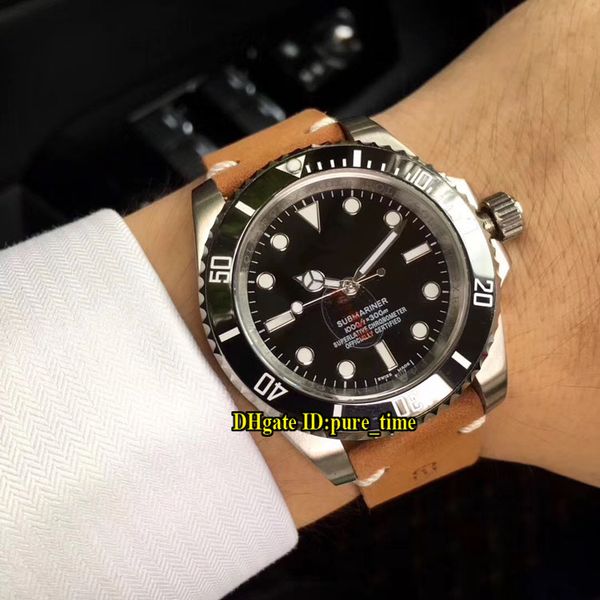 

3 style date new comex 116610 black dial automatic mens watch 316l steel case ceramics bezel leather strap gents watches, Slivery;brown