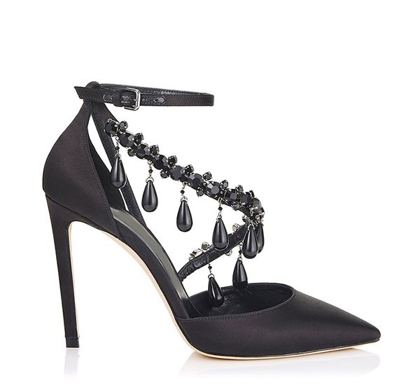 

fashion black crystal tassel women pumps pointed toe ankle women buckle strap thin high heel sandals for party wedding zapatos de mujer