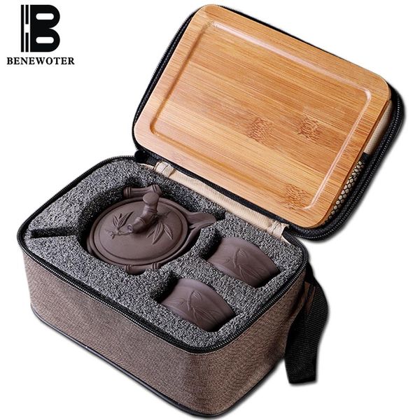 

outdoor camp portable quick cup chinese traditional ceramic yixing purple clay 1 teapot 2cups with 1bamboo tray 1 travel bag