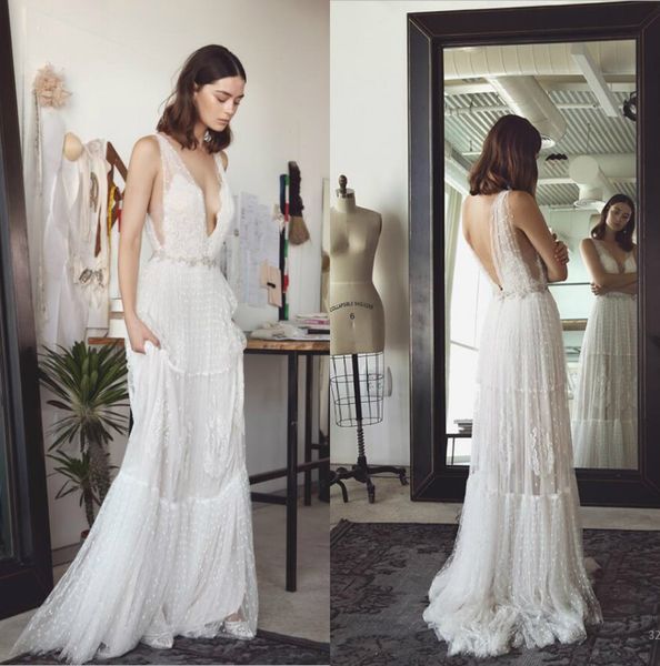 

lihi hod bohemian wedding dresses bridal gowns deep v neck plus size beach wedding dress for fat women, White