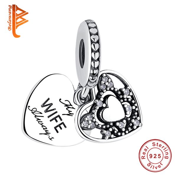 

BELAWANG Authentic 925 Sterling Silver My Wife Always Beads Charms 2 Heart Fit Pandora Bracelet&Necklace For Women Jewelry Anniversary Gift