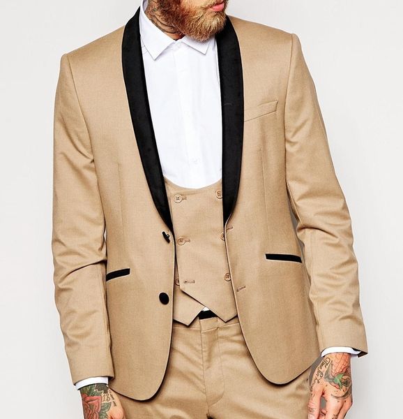 Custom Made Groomsmen Xaile Lapela Noivo Smoking Khaki Homens Ternos de Casamento / Prom / Jantar Melhor Homem Blazer (Jacket + Pants + Tie + Vest) K838