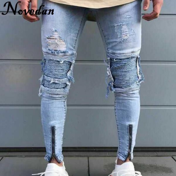 

mens ripped jeans runway slim racer scratched male biker jeans fashion jogger hiphop brand swag hole skinny for men, Blue