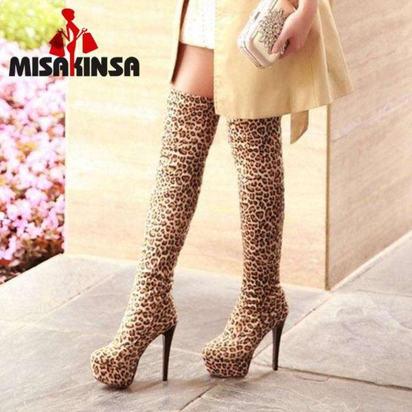 

misakinsa over knee half boots women winter footwear shoes snow warm leopard print high heel boot fashion size 32-43 p7282, Black
