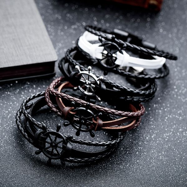 

braided pu leather cuff bangle bracelet rudder / feather weaved alloy charm bracelets fashion accessories gift for women men, Black