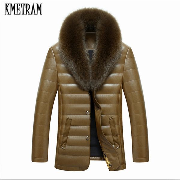 

kmetram winter men's leather 90% white duck down jacket real fox fur collar men sheepskin down jacket parka pluma hombre hh191, Black