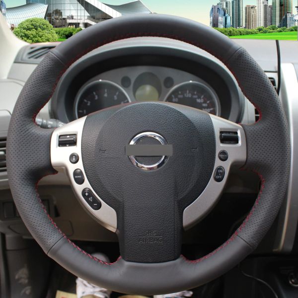 

black leather hand-stitched car steering wheel cover for nissan qashqai x-trail nv200 rogue