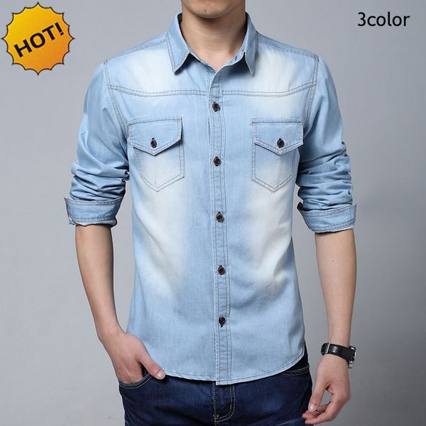 

fashion2017 spring autumn cotton mens denim shirt men vintage wash water cowboy solid with pocket long sleeve plus size 5xl, White;black
