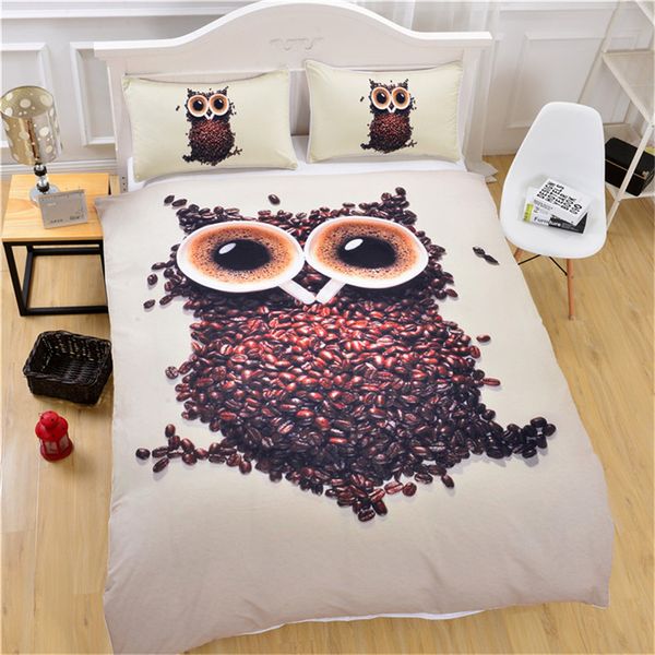 3d Cute Owl Bedding Set Coffee Beans Printed Duvet Cover With