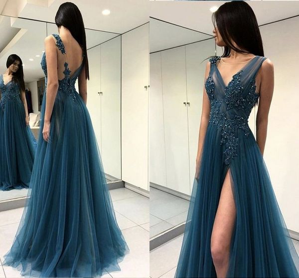 

v backless evening dresses prom with side split lace applique beaded sequin scoop empire waist party formal dress prom gowns new designer, Black