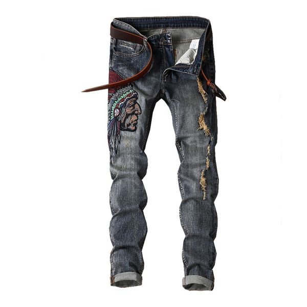 Европа и Америка джинсы мужские взрывные модели мужские тонкие разорванные вымытые отверстия вышивка индийский размер плюс размер