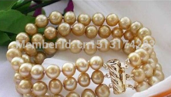 

gt;>>3row 9mm golden round fw cultured pearl bracelet, Golden;silver