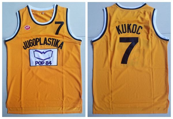 Erkek Toni KUKOC Jersey # 7 Jugoplastika Yugoslavya Avrupa Basketbol Formaları Dikişli Sarı Gömlek S-XXL