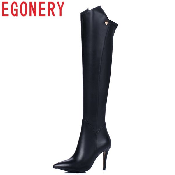 

egonery new fashion pointed toe genuine leather party over knee boots super high thin heels zip women shoes, Black