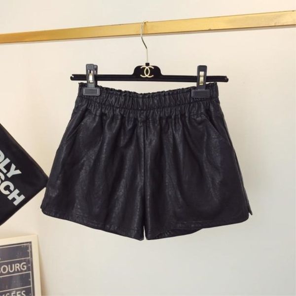 

jujuland 2018 new summer women elastic waist pu leather black shorts female celebrity same loose fashion women casual shorts, White;black